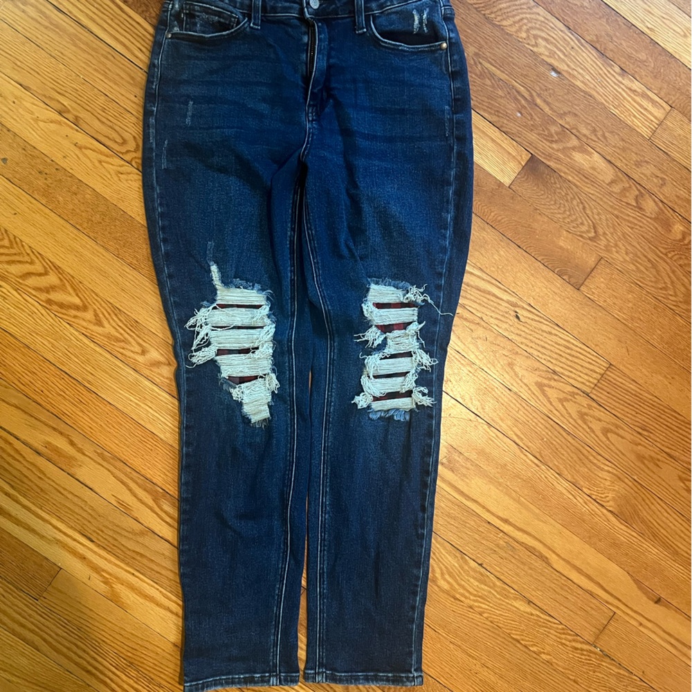 Judy Blue Buffalo Plaid Knee Patch Boyfriend - Med/Dark wash - sz 9/29